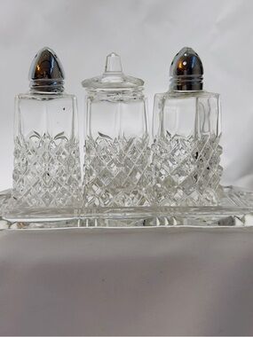 Vintage Clear Cut Crystal Glass 4 Piece Salt, Pepper, Toothpick Holder on Glass